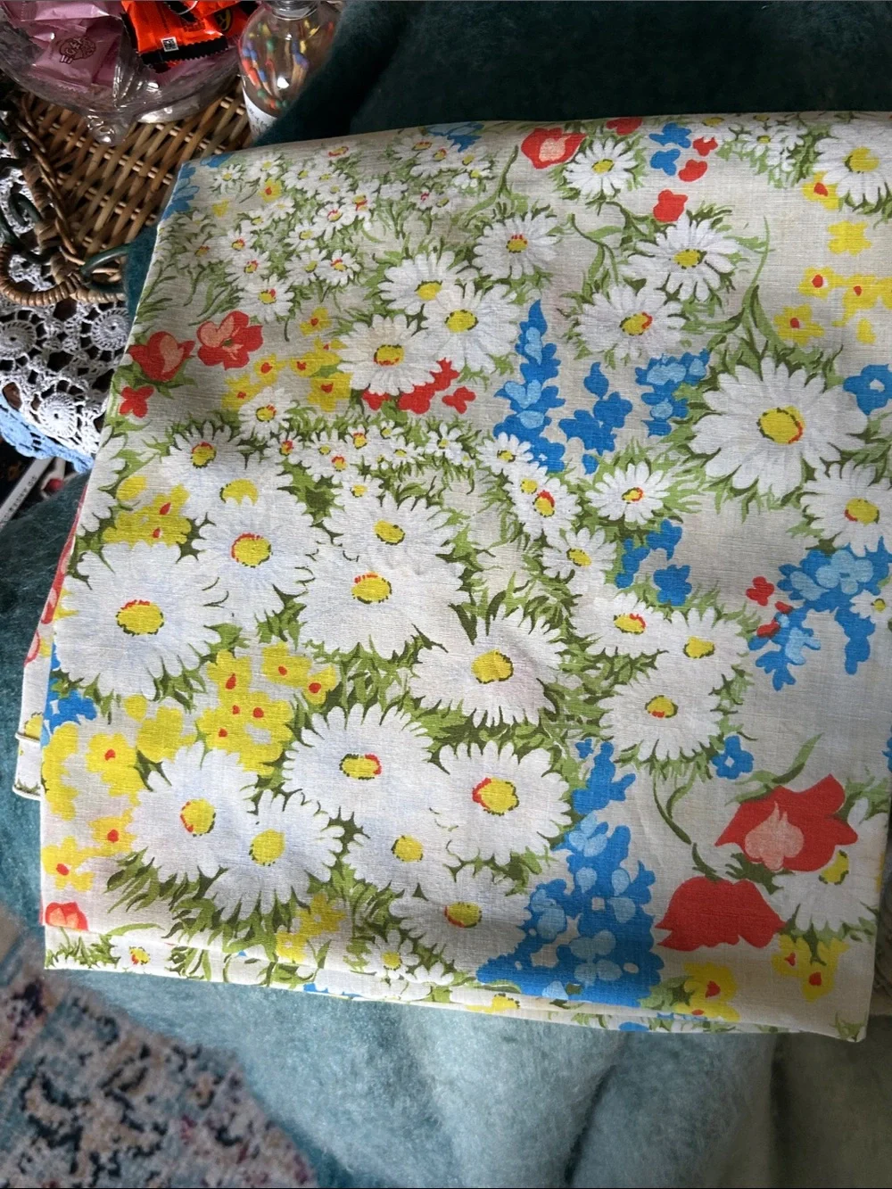 Vintage Mid Century Floral Square Tablecloth